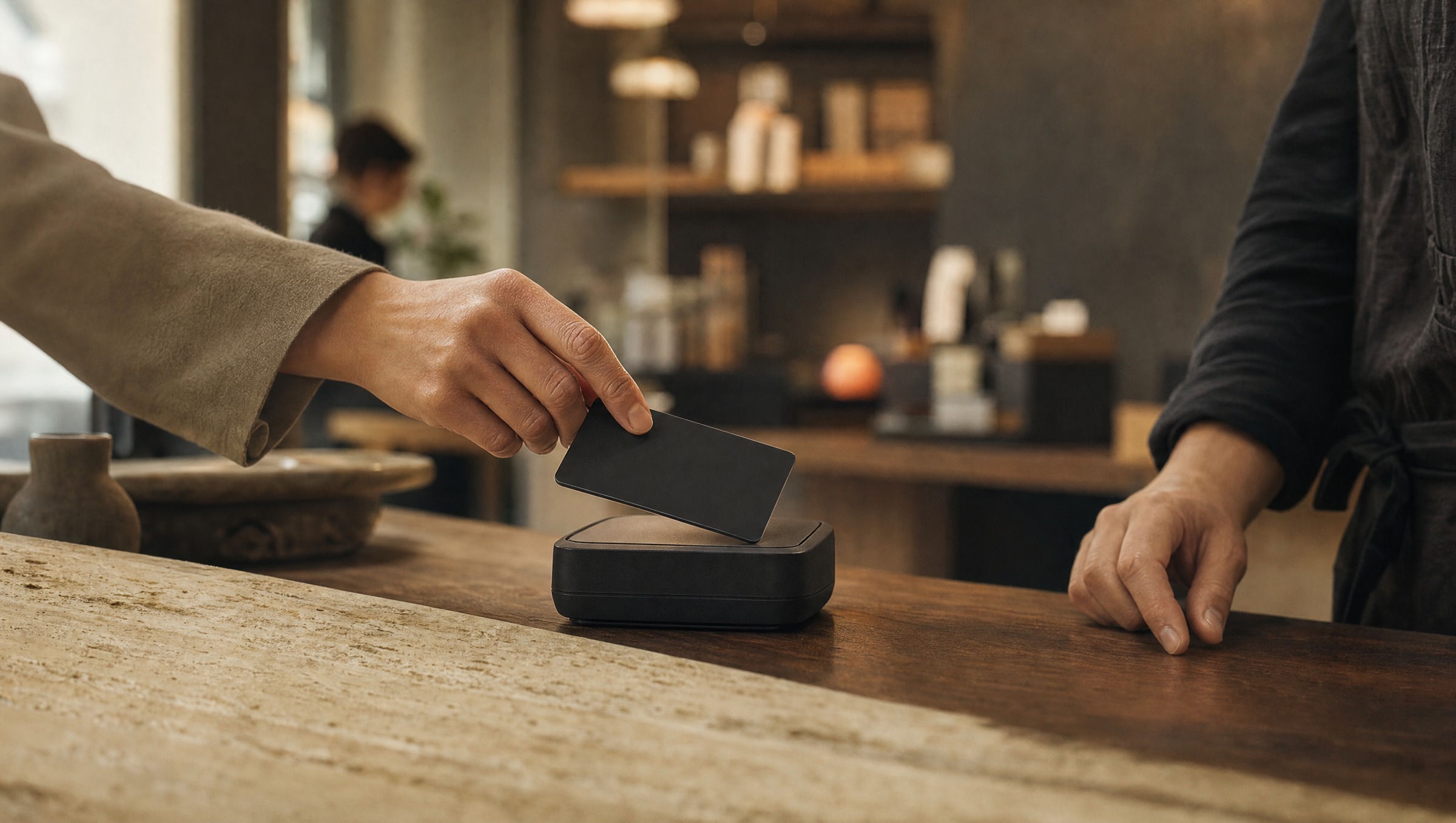 Close-up of a card held over a contactless payment reader at a café counter